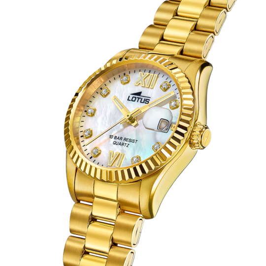 Montre femme Lotus Freedom 18932/1 – cadran blanc bracelet acier doré – vue de trois-quarts