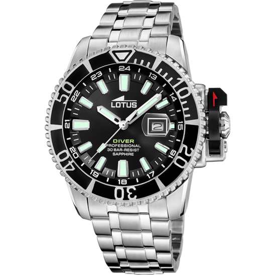 Montre homme Lotus Diver 18938/4 – cadran noir bracelet acier – vue de face