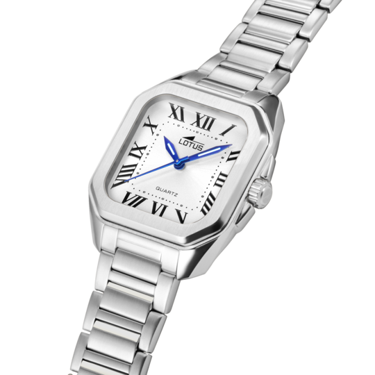 Montre femme Lotus Square Series 18967/1 – cadran blanc bracelet acier – vue de trois-quarts