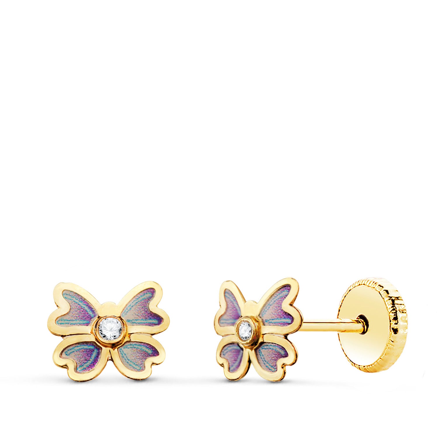 Boucles d'oreilles Or Jaune 18K Papillon Bleu avec Zirconiumdimension : 6 X 5,5 mm Fermoir a Vis
