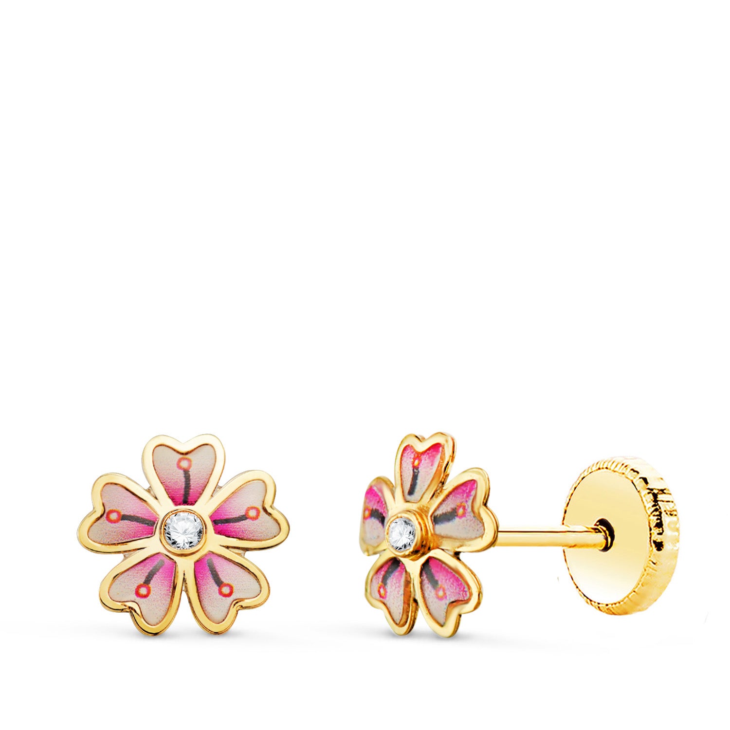 Boucles d'oreilles Or Jaune 18K Fleur Rose avec Zirconia Taille : 6 X 6MM Fermoir a Vis