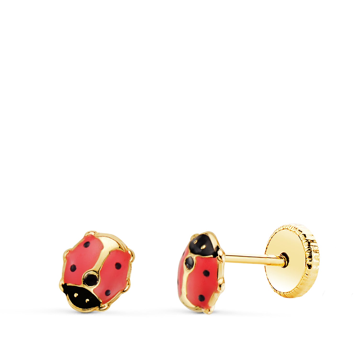 Boucles d'oreilles Or Jaune 18K Coccinelle Émail Rose 5 X 4,5 mm Fermoir à Vis