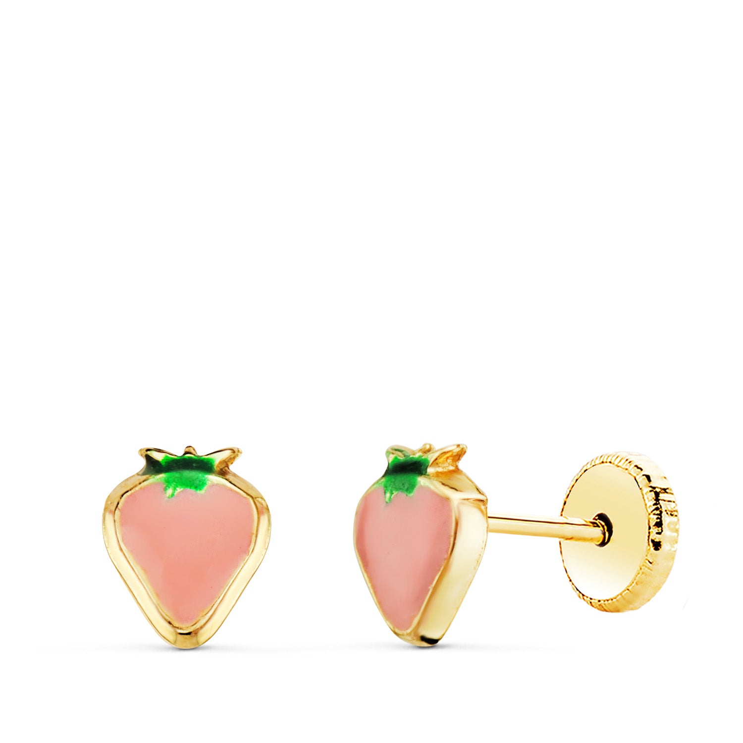 Pendientes Oro Amarillo 18K Esmalte Rosa Fresa 6 X 5 mm Cierre Rosca