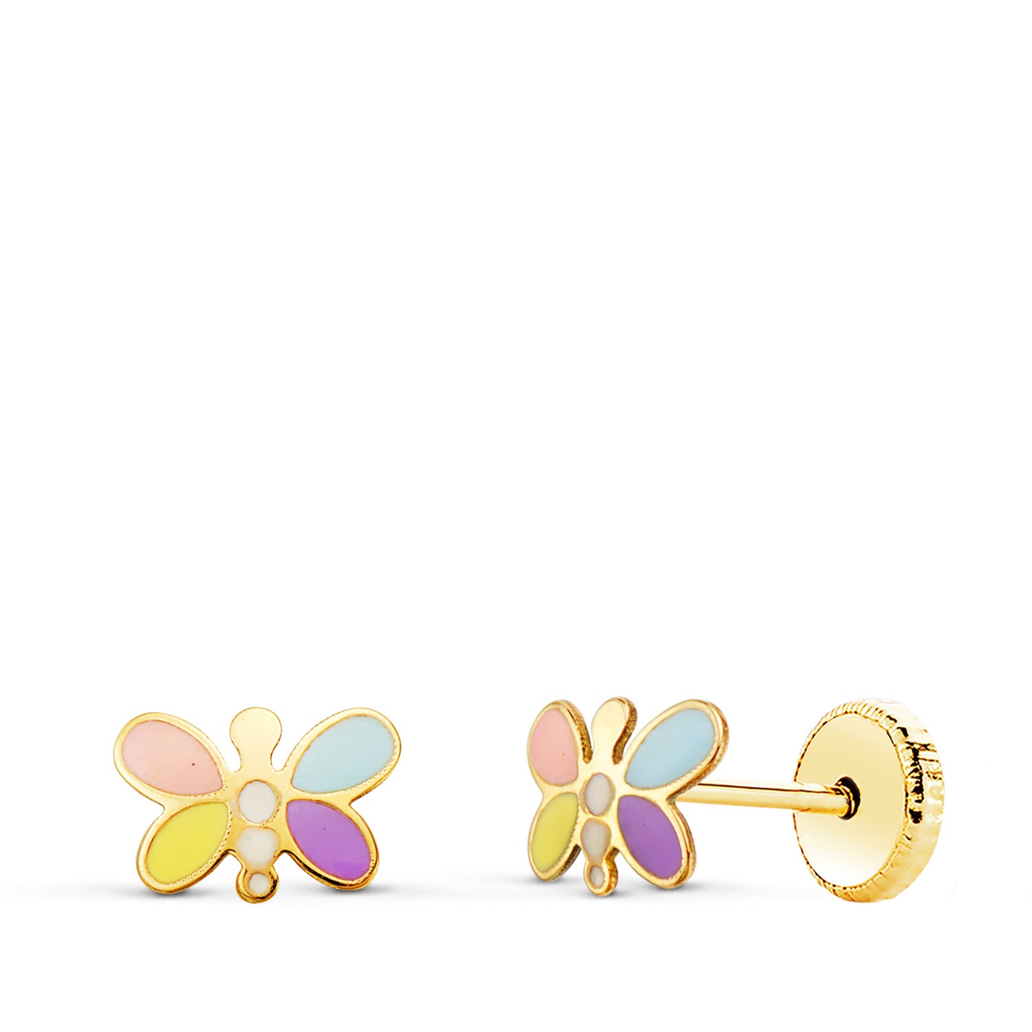 Brincos de libélula em ouro amarelo 18K com esmalte pastel e fecho de parafuso de 7 x 5 mm
