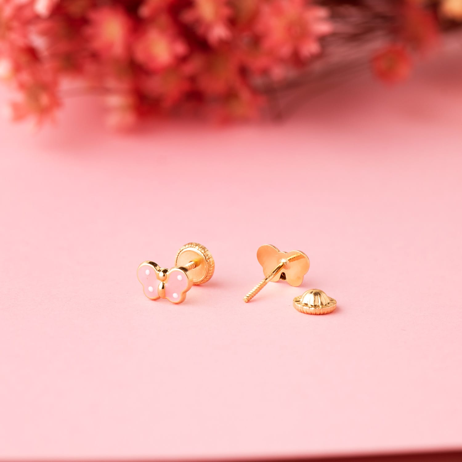 Boucles d'oreilles Papillon Or Jaune 18K Émail Rose 7 X 4,5 mm Fermoir à Vis