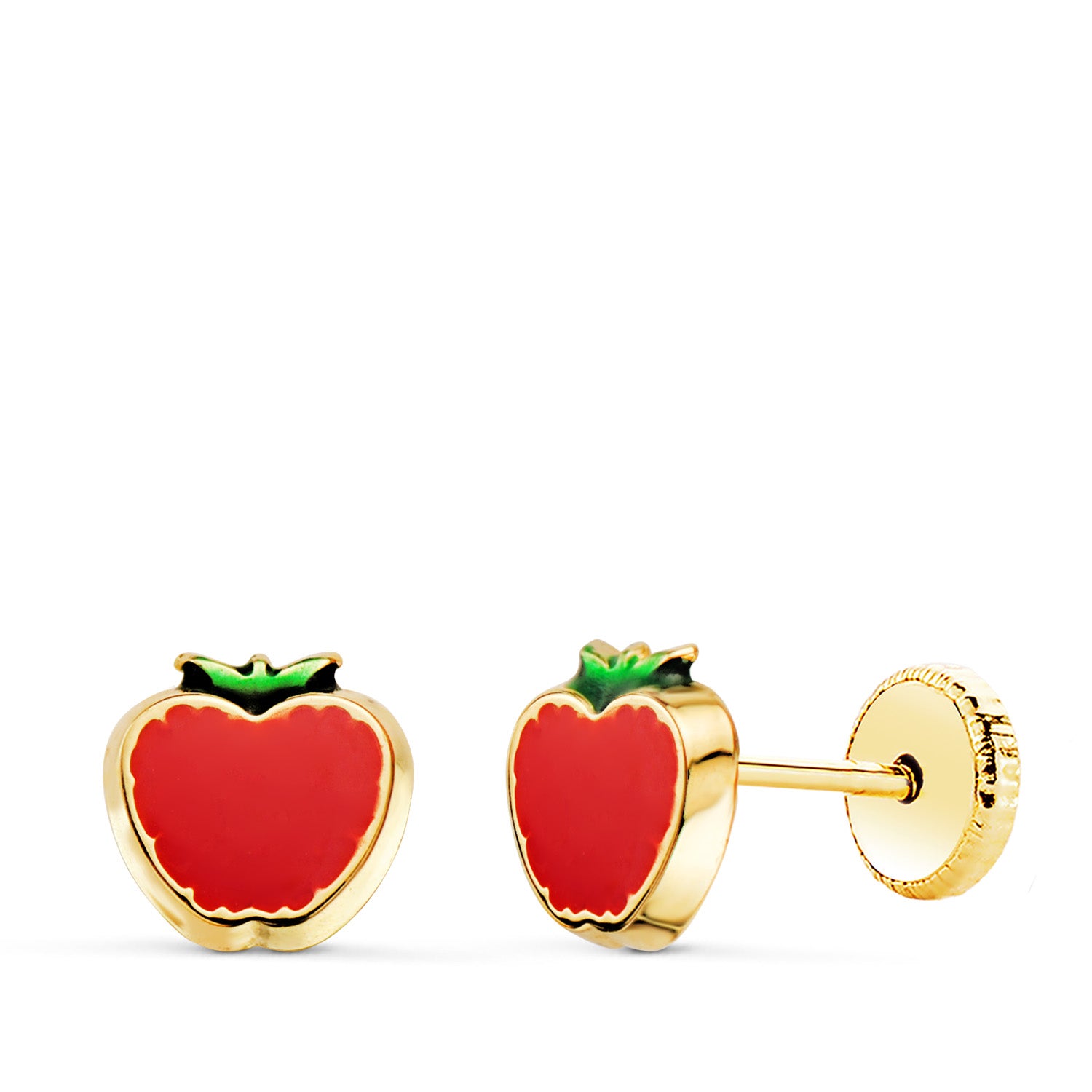 Boucles d'oreilles Or Jaune 18K Émail Rouge Pomme 6 X 6 mm Fermoir à Vis