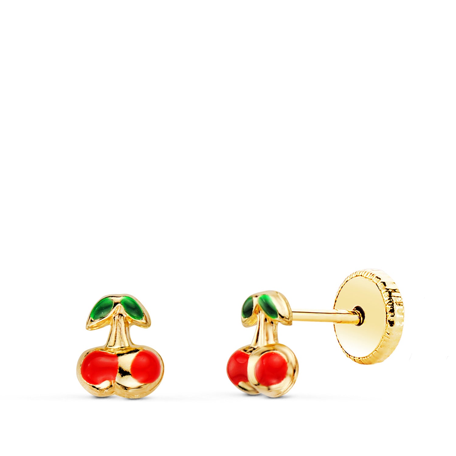 Pendientes Oro Amarillo 18K Esmalte Cereza 5X4 mm Cierre Rosca