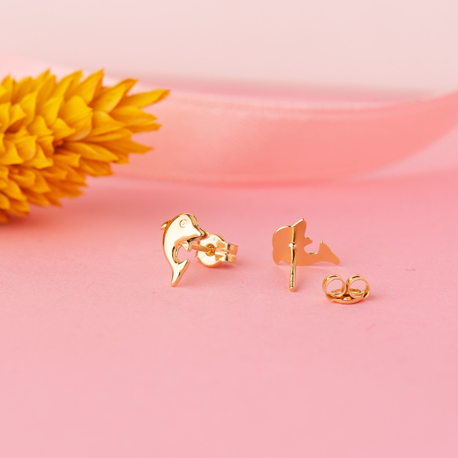 Boucles d'oreilles Dauphins Lisses Or Jaune 18K 8 X 6 mm Fermoir Pousseettes Papillon