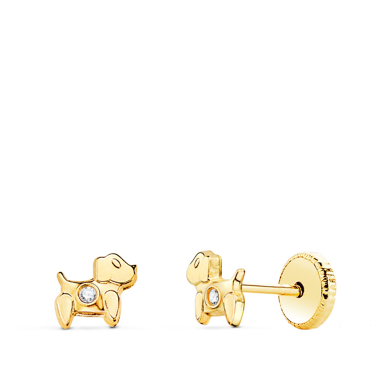 Pendientes Perros en Oro Amarillo de 18 Quilates con Cierre de Rosca de Circonitas 5 x 4,5 mm