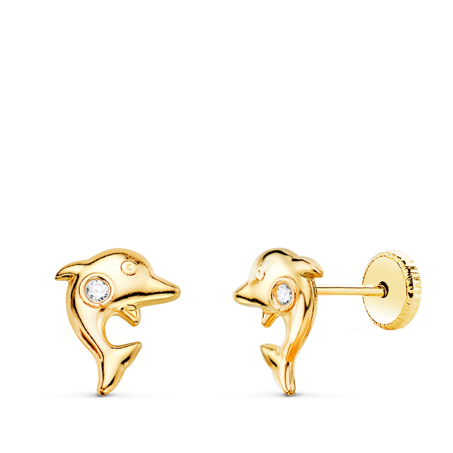 Boucles d'oreilles Dauphins Or Jaune 18K avec Zircone 8 X 6 mm Fermoir a Vis