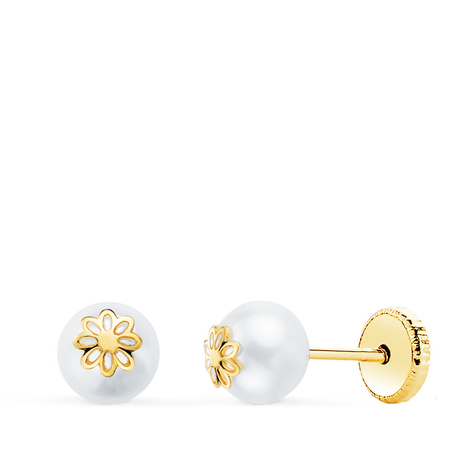 18K Yellow Gold Pearl Earrings Daisy Pattern Width: 5 mm Nut Clasp