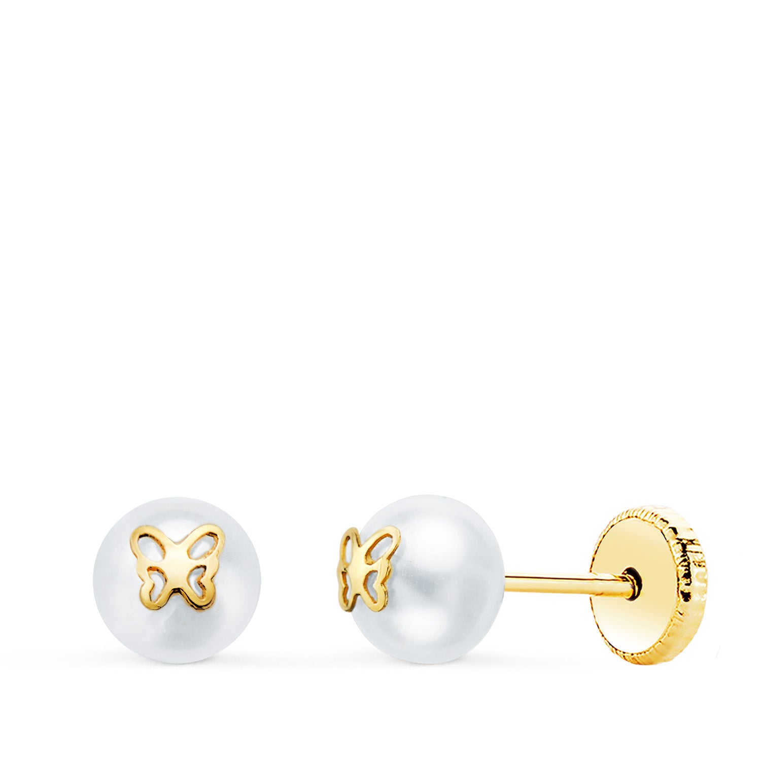 Orecchini con perle a forma di farfalla in oro giallo 18 carati. Larghezza: 5 mm. Chiusura a vite