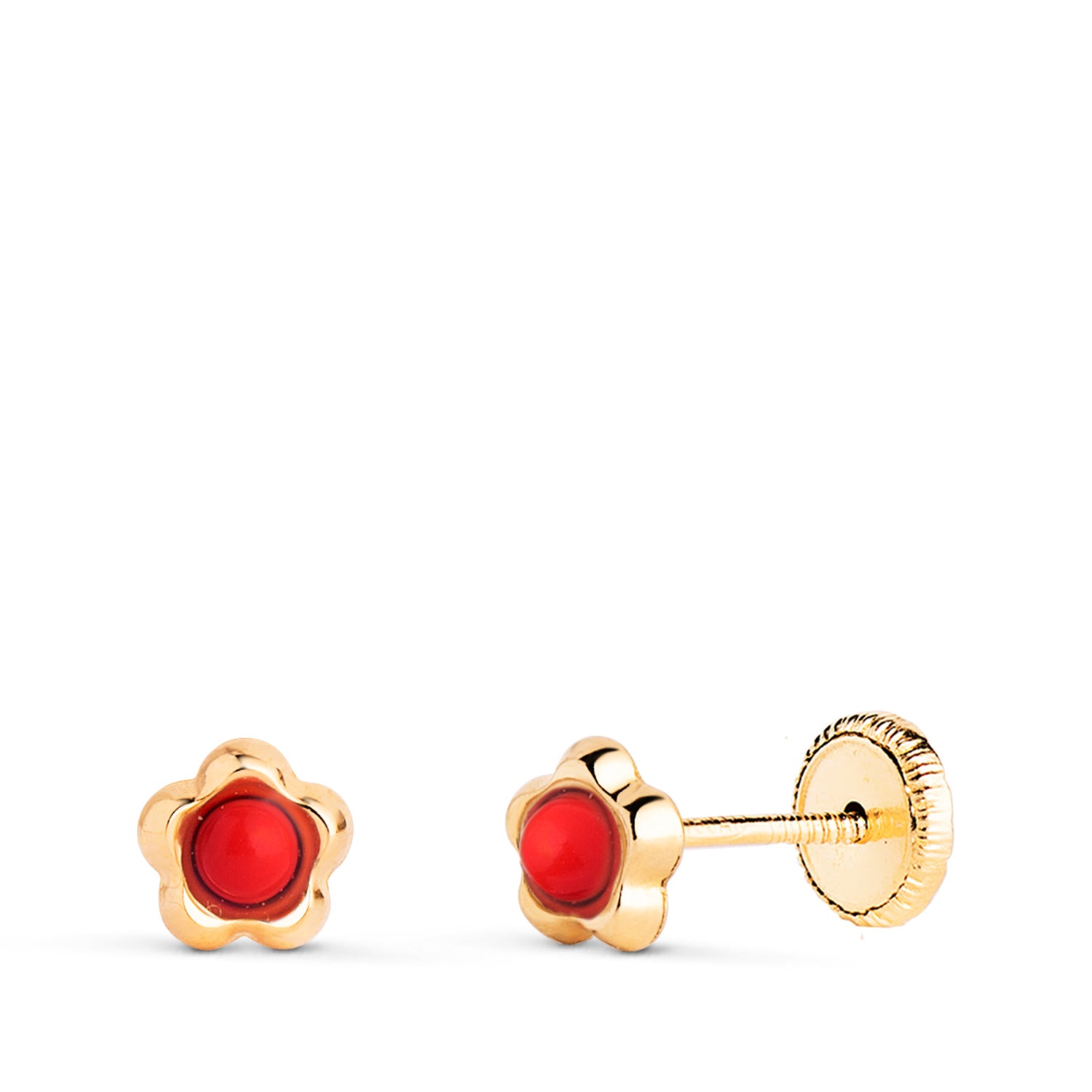 Boucles d'oreilles Or Jaune 9K Fleur avec Corail 2,4MM Taille : 5,3 X 5MM Fermeture à Vis