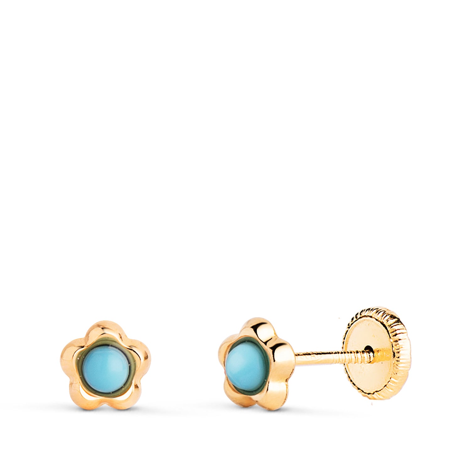 Pendientes Flor en Oro Amarillo 18K con Turquesa 2.4MM Medida: 5.3 X 5MM Cierre de Rosca