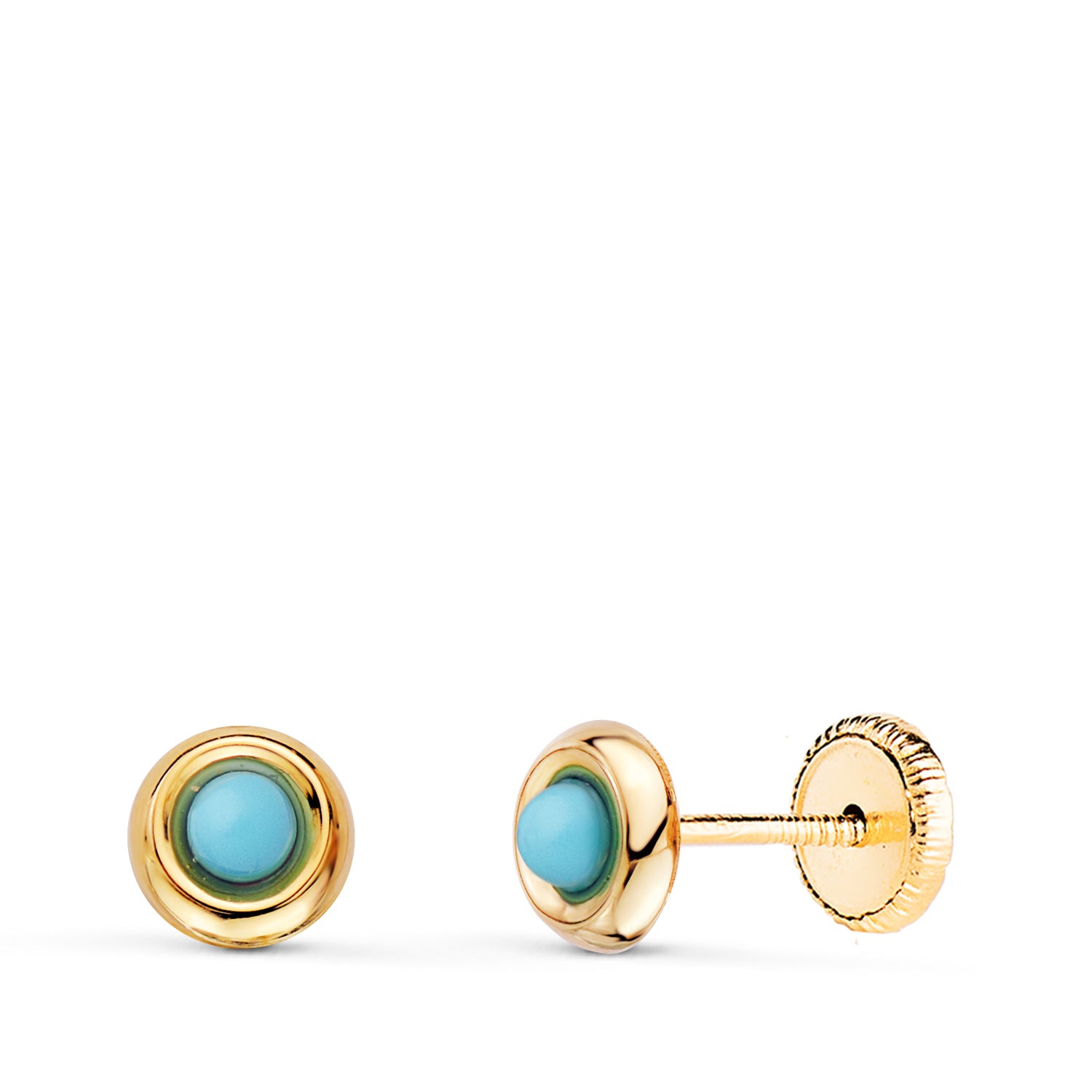 Round 18K Yellow Gold Turquoise Earrings Width 2MM: Screw Clasp 5MM
