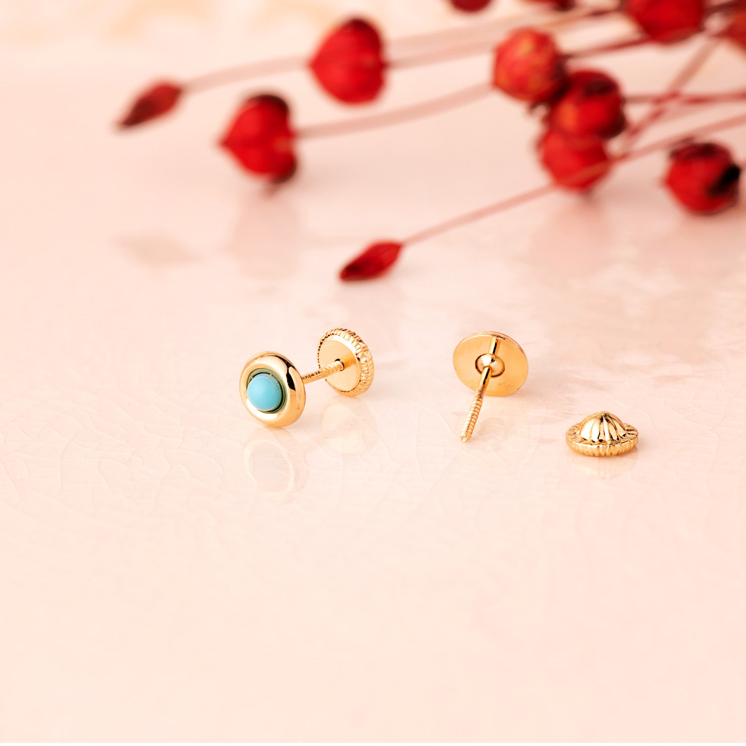Round 18K Yellow Gold Turquoise Earrings Width 2MM: Screw Clasp 5MM