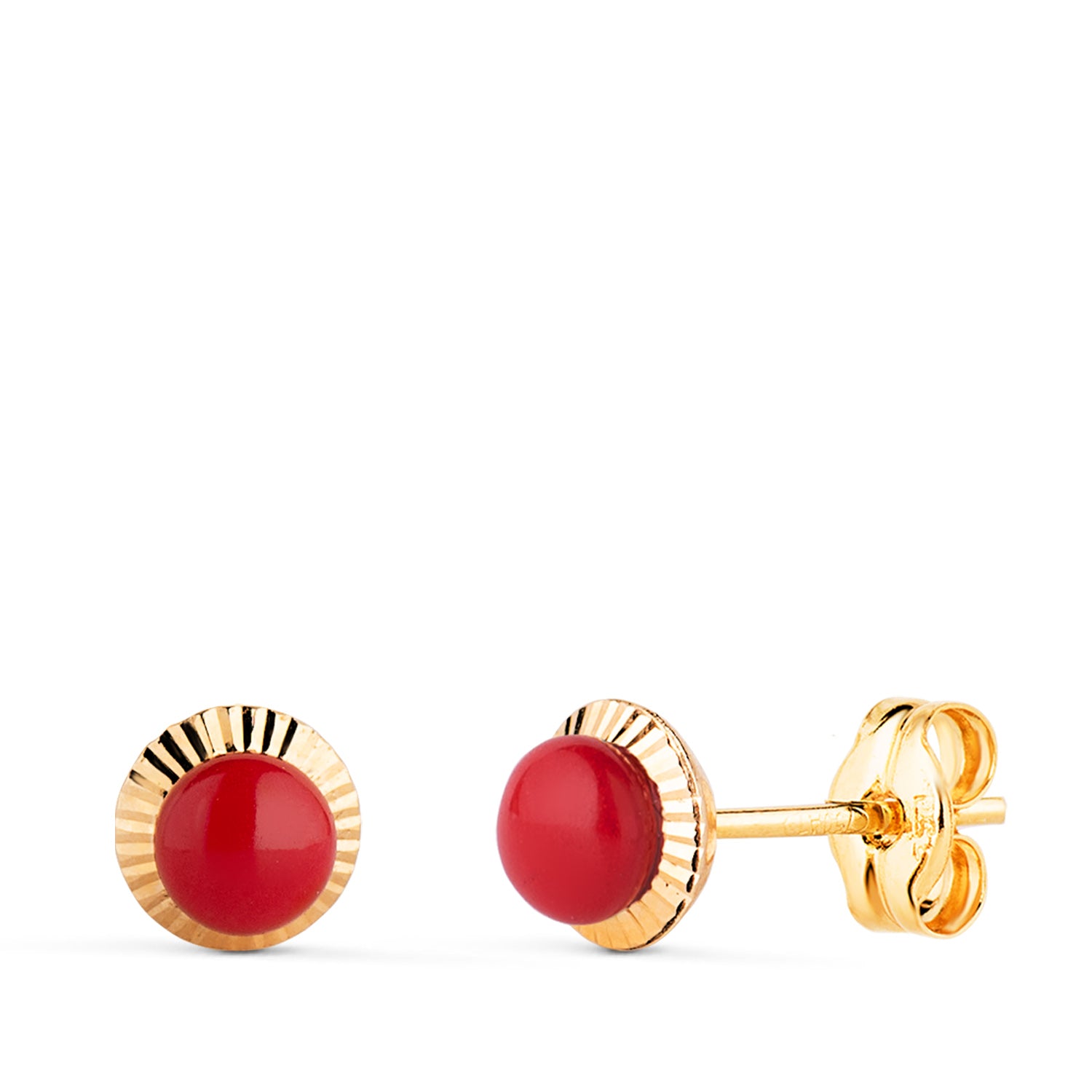 Boucles d'oreilles Bord Sculpté Or Jaune 18K Coralline 6 mm Fermoir Poussettes Papillon