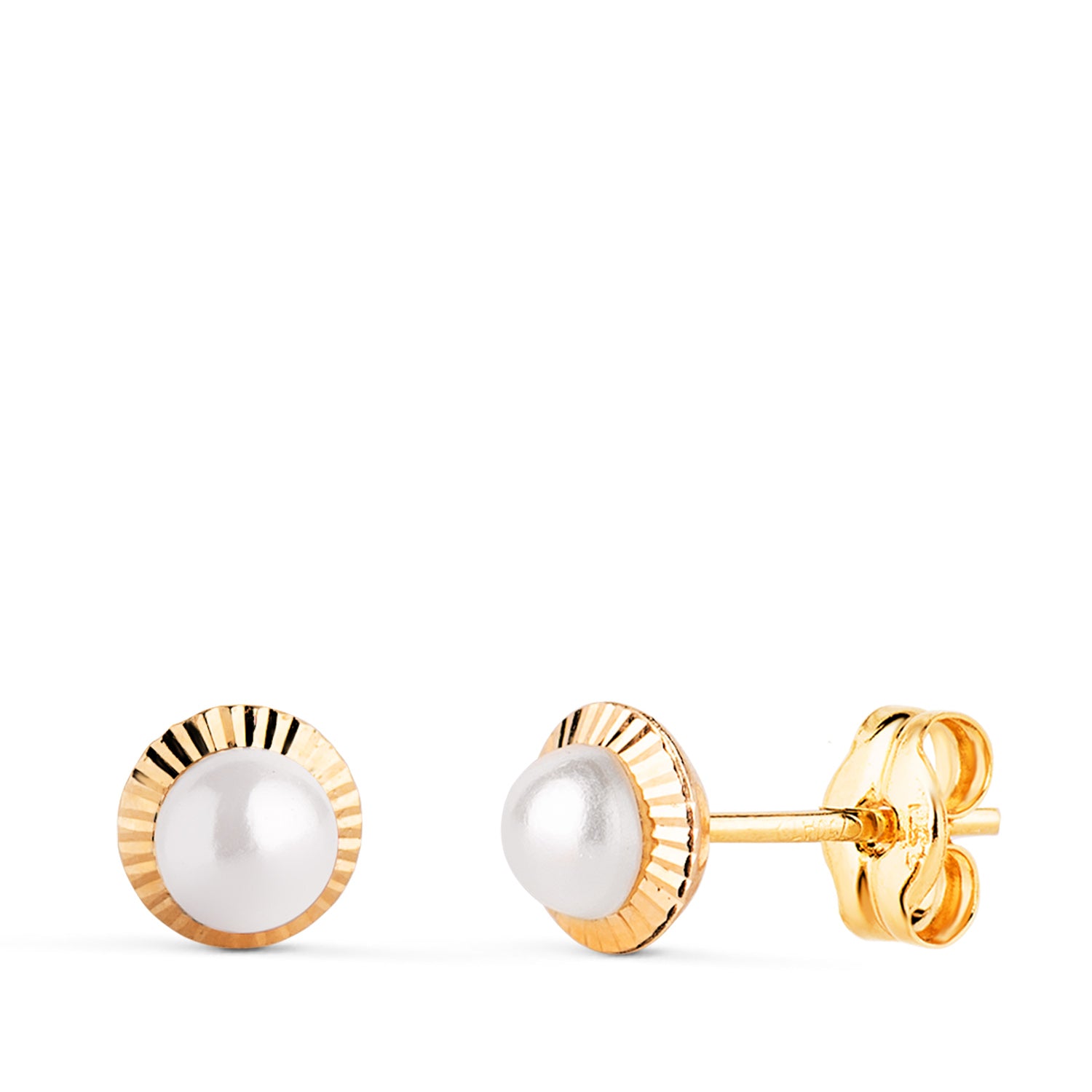 Pendientes Oro Amarillo 18K Borde Perla Tallada Cierre Mariposa 6 mm