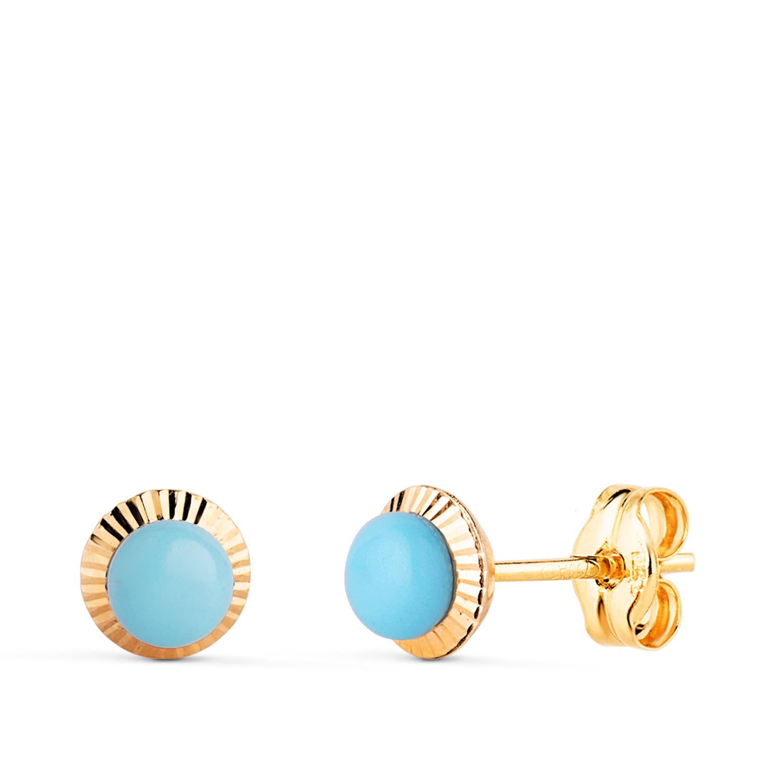 18K Yellow Gold Earrings Carved Turquoise Edge 6 mm Butterfly Push Button Clasp