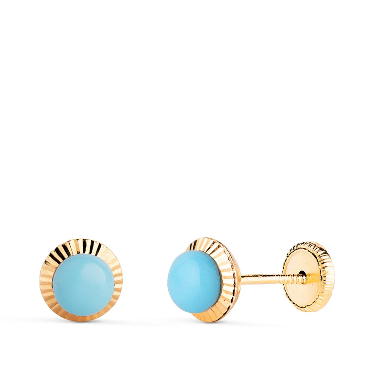 Clous d'oreilles pierre ronde bord sculpté – Or jaune 18 carats – 4 mm / Turquoise / Vis