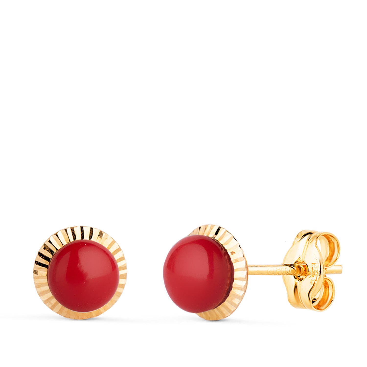 Boucles d'oreilles Corail Or Jaune 18K Bord Sculpté 7 mm Fermoir Poussette Papillon