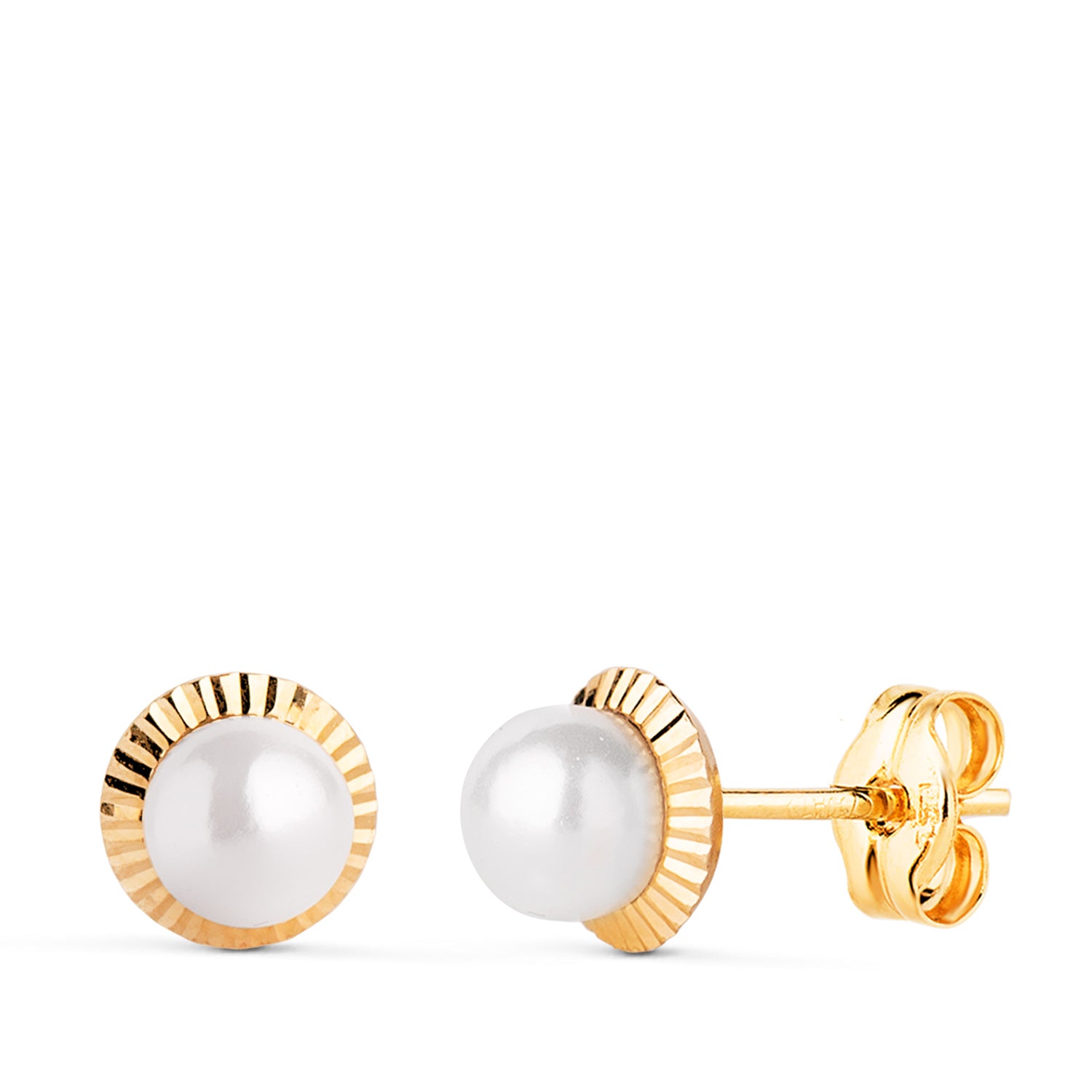 Boucles d'oreilles Or Jaune 18K Bord Perle Sculpté 7 mm Fermoir Poussette Papillon