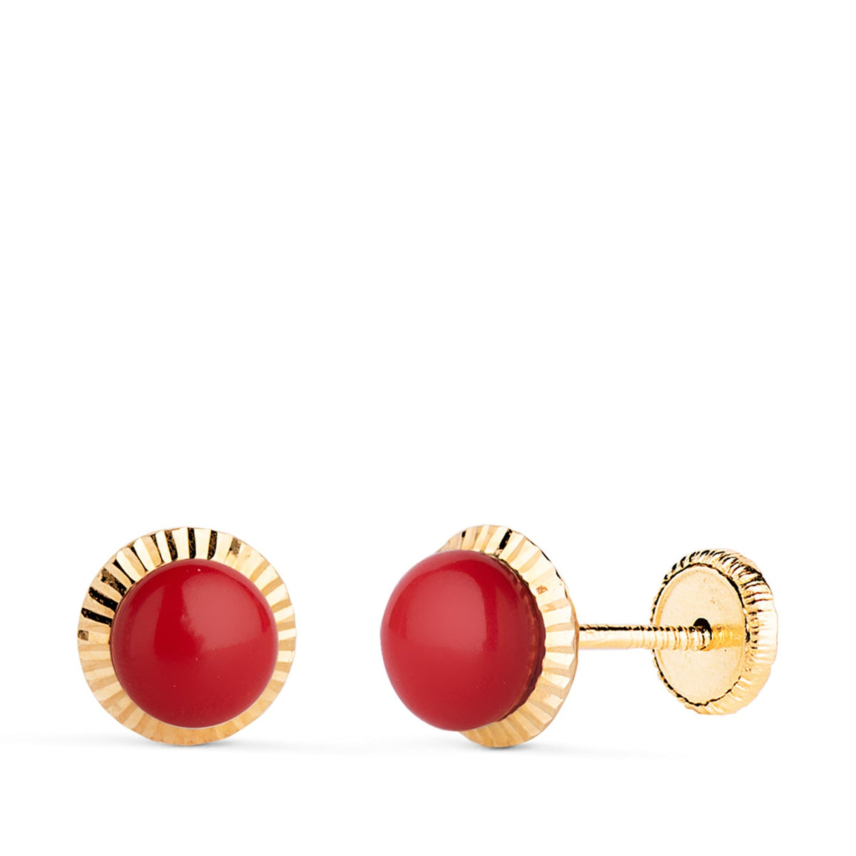 Clous d'oreilles pierre ronde bord sculpté – Or jaune 18 carats – 5 mm / Corail / Vis