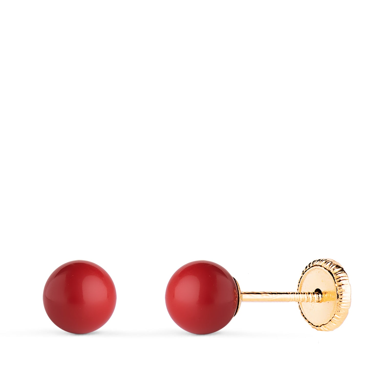 18K Yellow Gold Earrings with Coral and Shell Size: 5 mm Screw Clasp