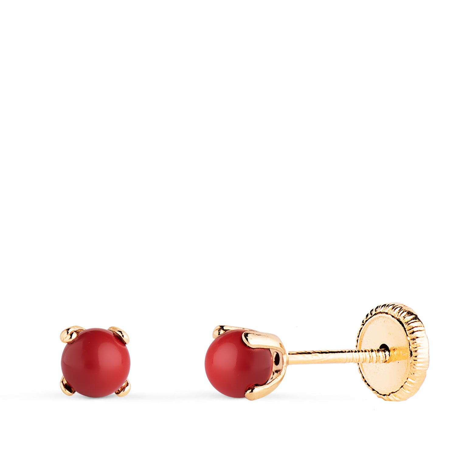 Boucles d'oreilles en Or Jaune 18K Corail avec 4 Griffes Taille : 3 mm Fermoir a Vis