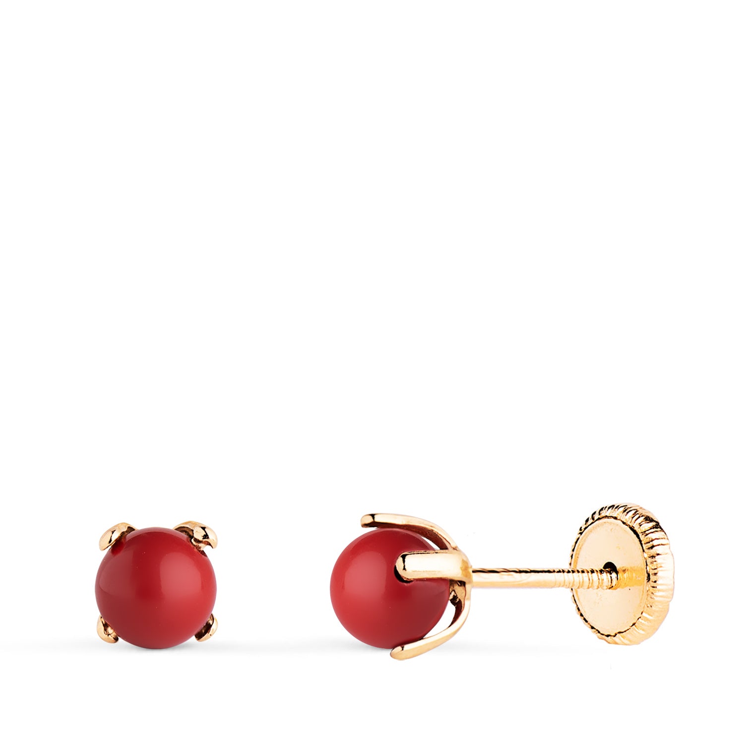 Boucles d'oreilles en Or Jaune 18K Corail avec 4 Griffes Taille : 4 mm Fermoir a Vis