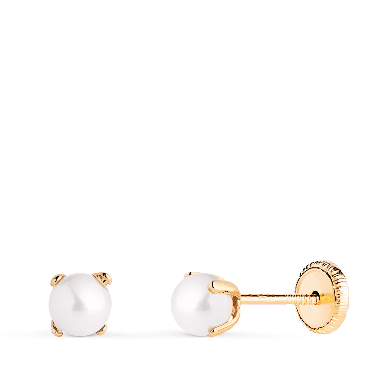 Boucles d'oreilles Perles en Or Jaune 18K avec 4 Griffes Taille : 4 mm Fermoir a Vis