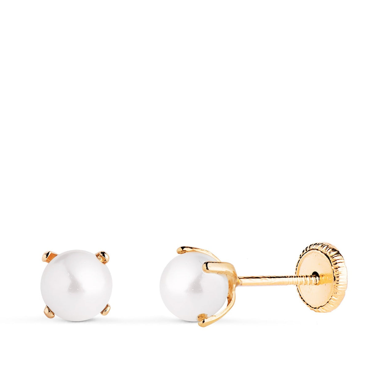 Clous d'oreilles pierre ronde serti 4 griffes – Or jaune 18 carats – 5 mm / Perle / Vis