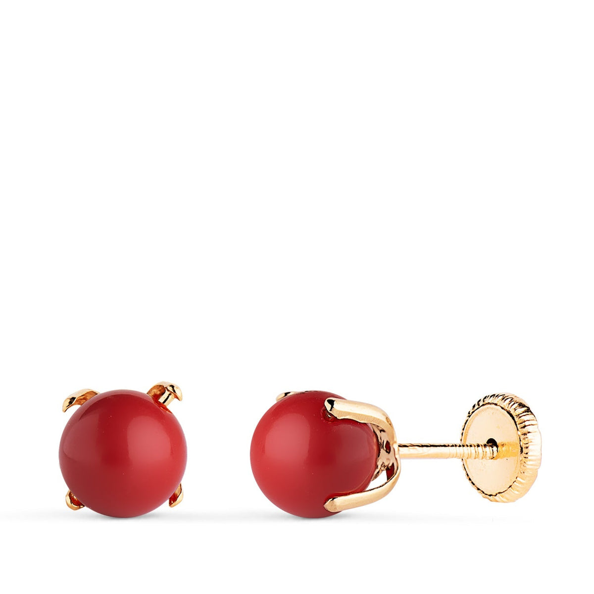 Clous d'oreilles pierre ronde serti 4 griffes – Or jaune 18 carats – 6 mm / Corail / Vis