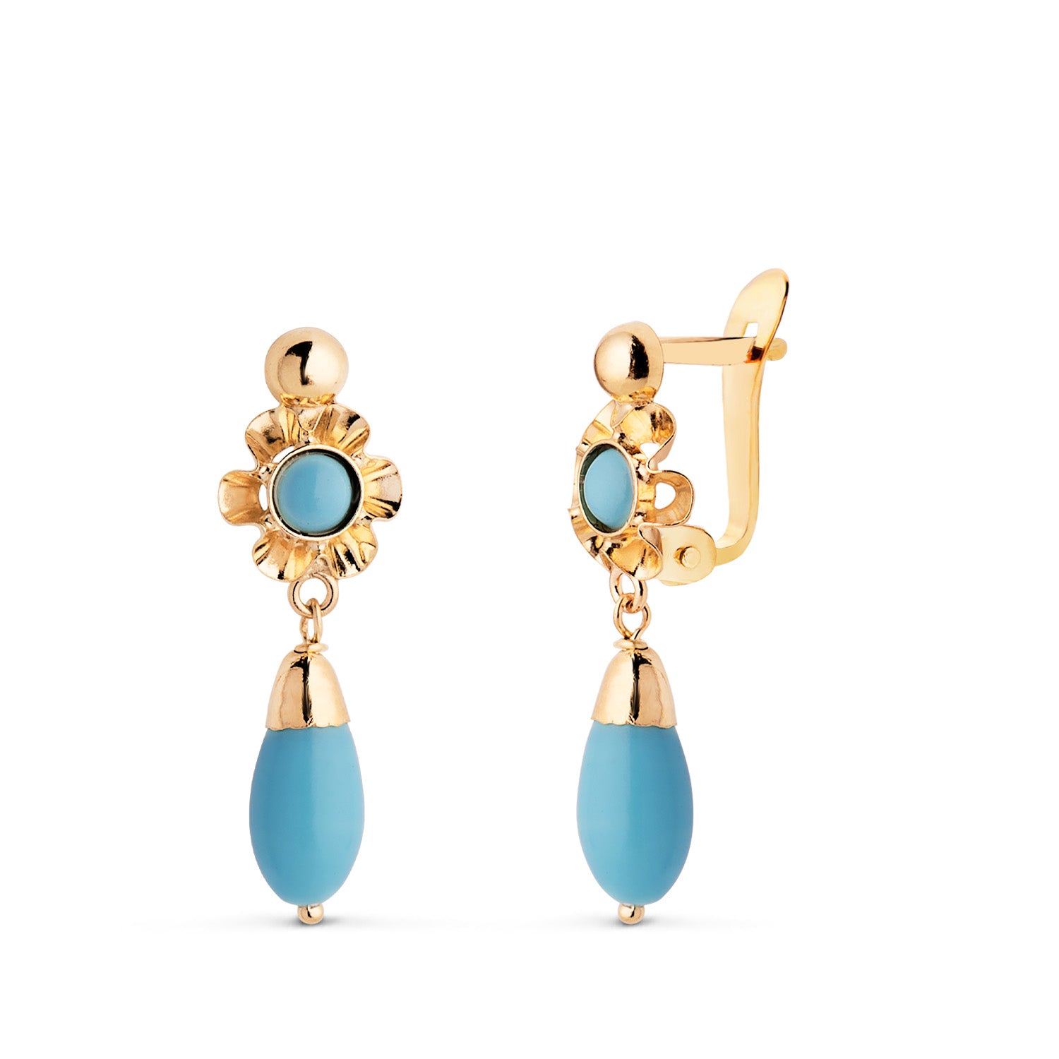 Boucles d'oreilles Or Jaune 18K Turquoise Cubaine Taille : 22X7 mm Fermoir Catalan