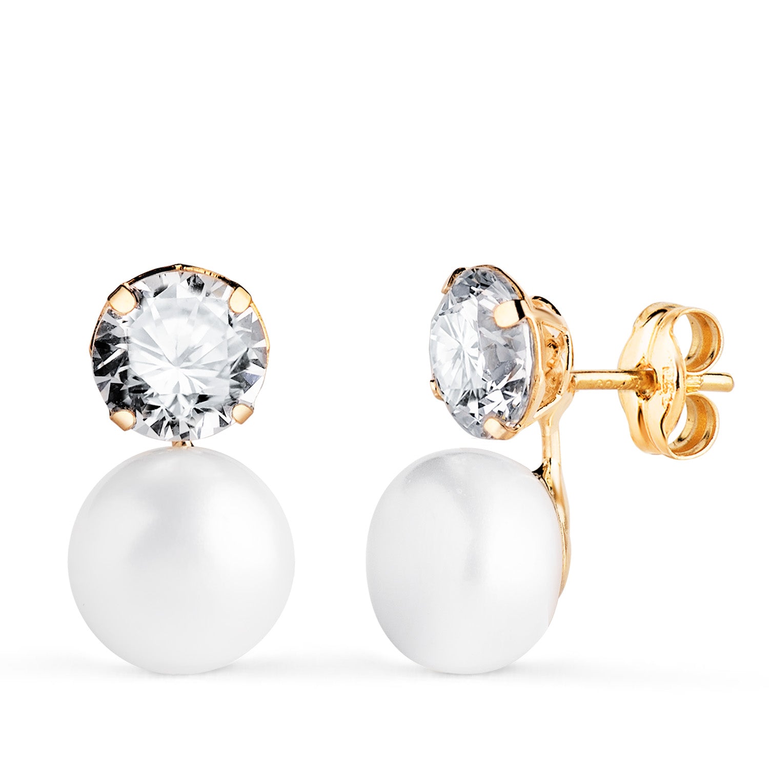 Boucles d'oreilles Or Jaune 18K Toi et Moi Perle avec Zircon Rond Taille : 14 X 8 mm Fermoir Poussettes Papillon