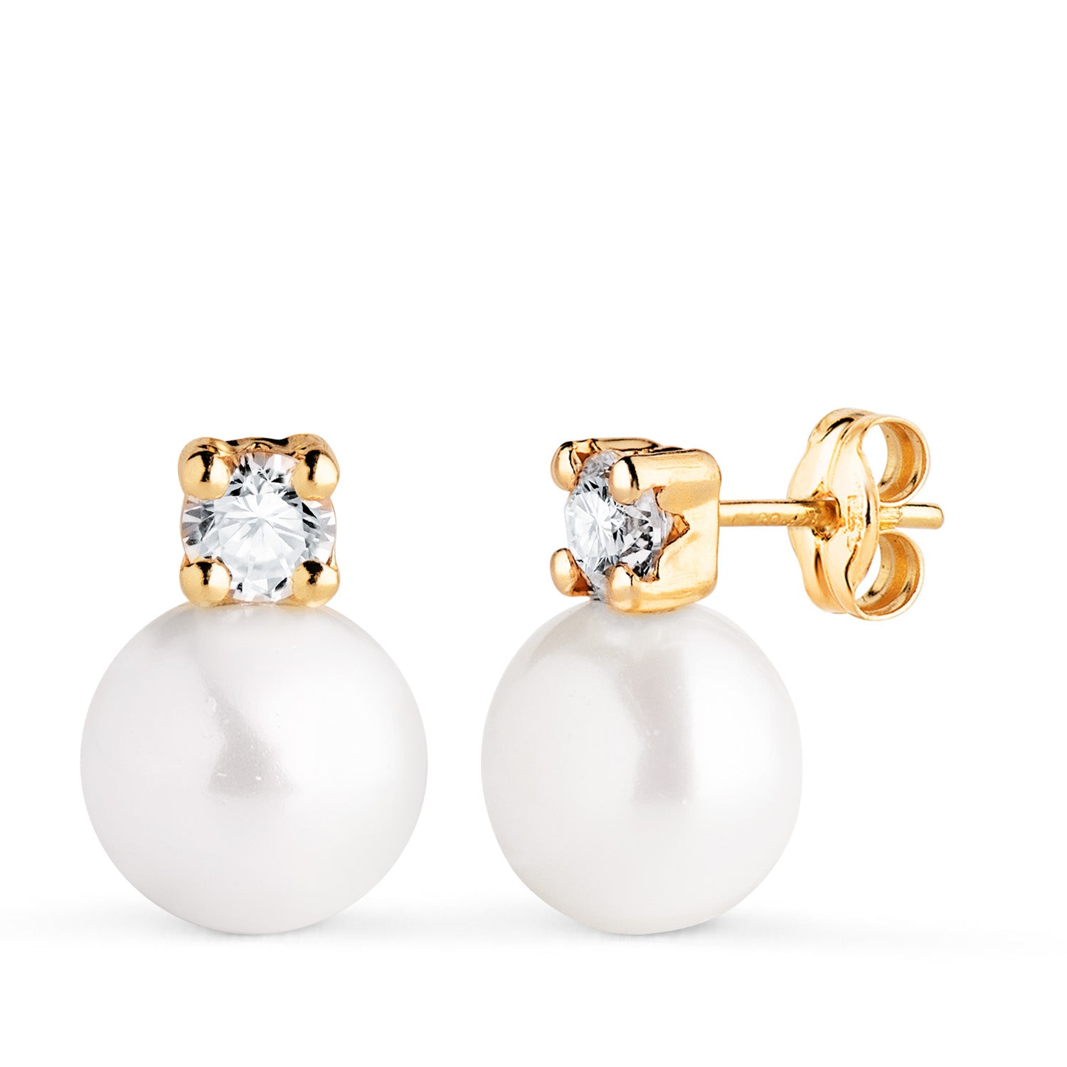 Boucles d'oreilles Or Jaune 18K Toi et Moi Perle avec Zircon Taille : 13 X 9 mm Fermoir Poussettes Papillon