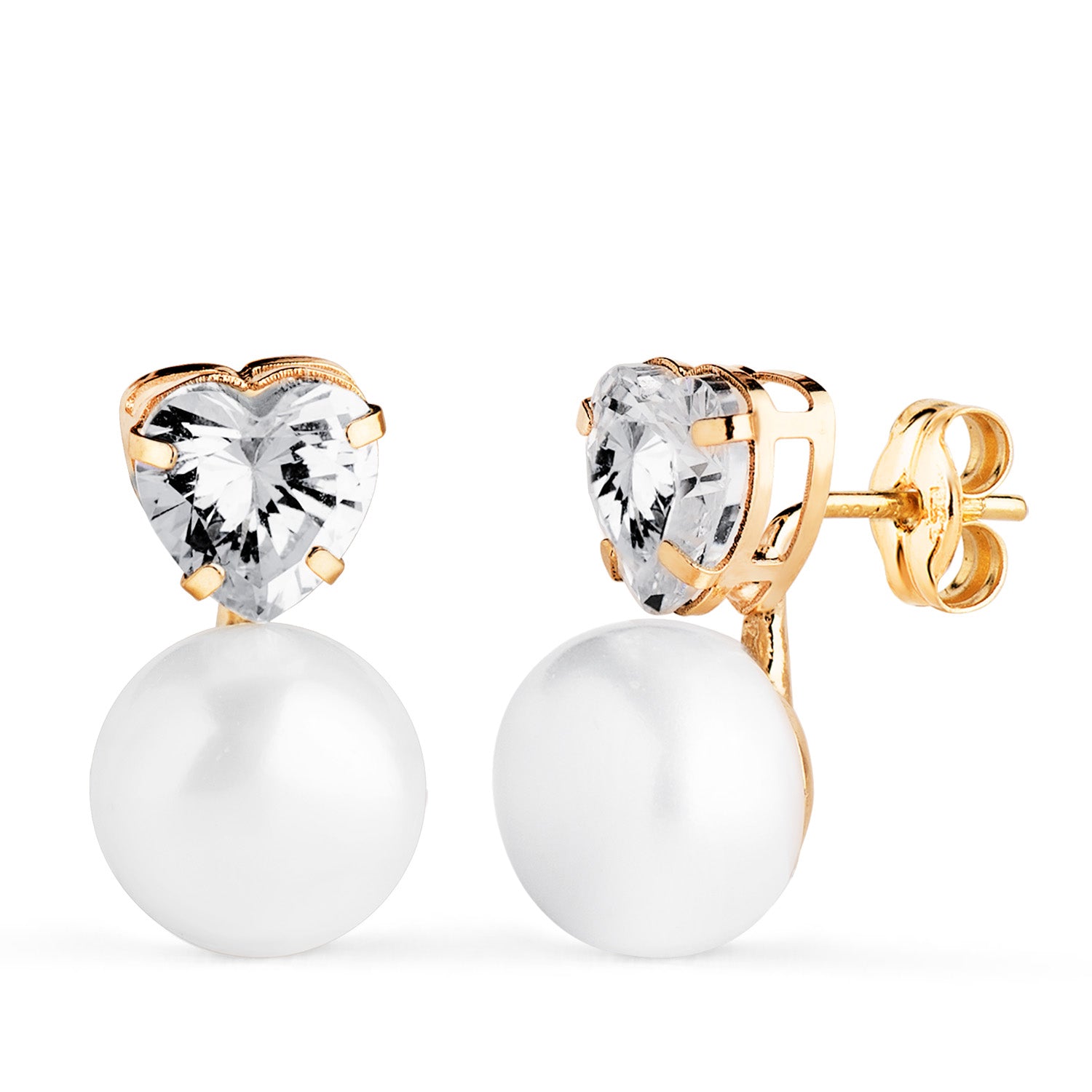 Boucles d'oreilles Or Jaune 18K Toi et Moi Perle avec Zircon Taille du Coeur : 14,5 X 8 mm Fermoir Poussettes Papillon