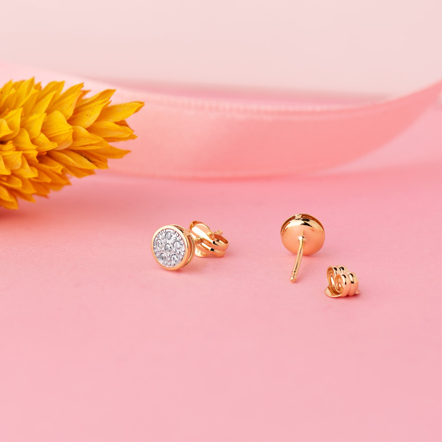 Boucles d'oreilles Rondes en Or Bicolore 18K avec Fermoir Poussette Papillon Zircone 5 mm