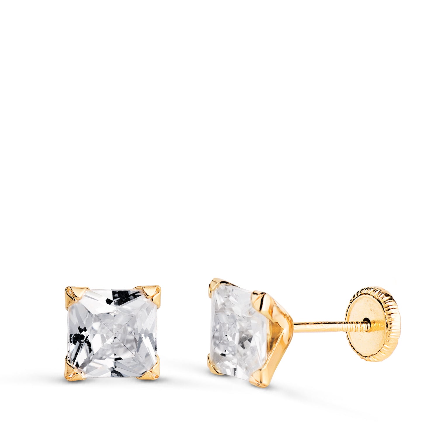 Boucles d'oreilles Carrées Zircone Or Jaune 18K à 4 Griffes Largeur: 6MM Fermoir a Vis