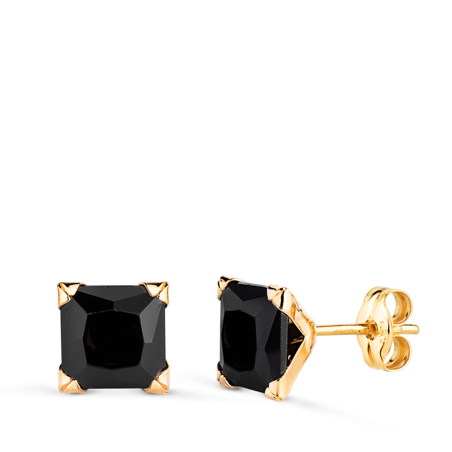 Boucles d'oreilles Or Jaune 18K Zirconia Noir Carré avec 4 Griffes Largeur : 7MM Fermoir Poussettes Papillon