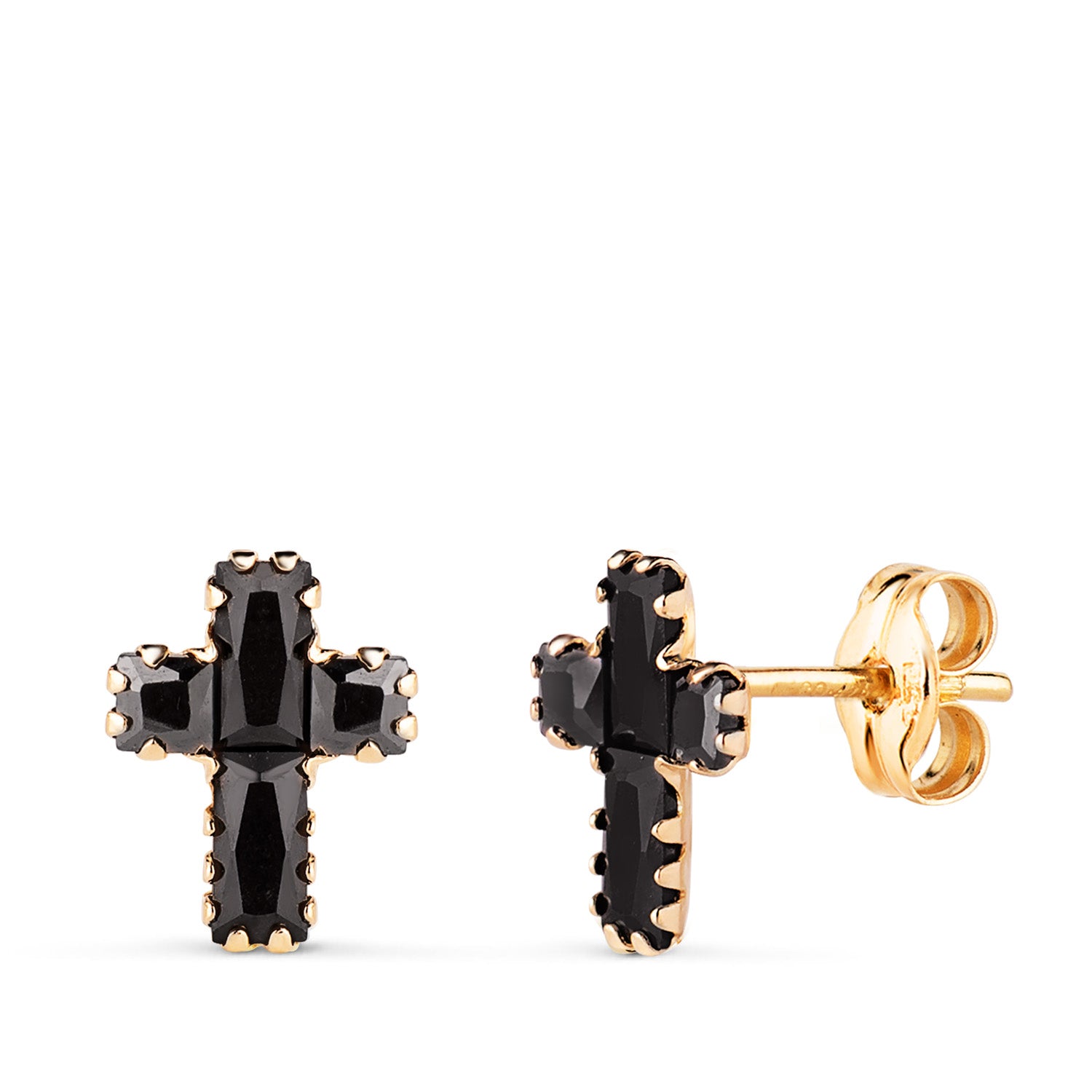 Boucles d'oreilles Or Jaune 18K Croix avec Baguette de Zircon Noir 8.5 X 6.5 mm Fermoir Poussettes Papillon
