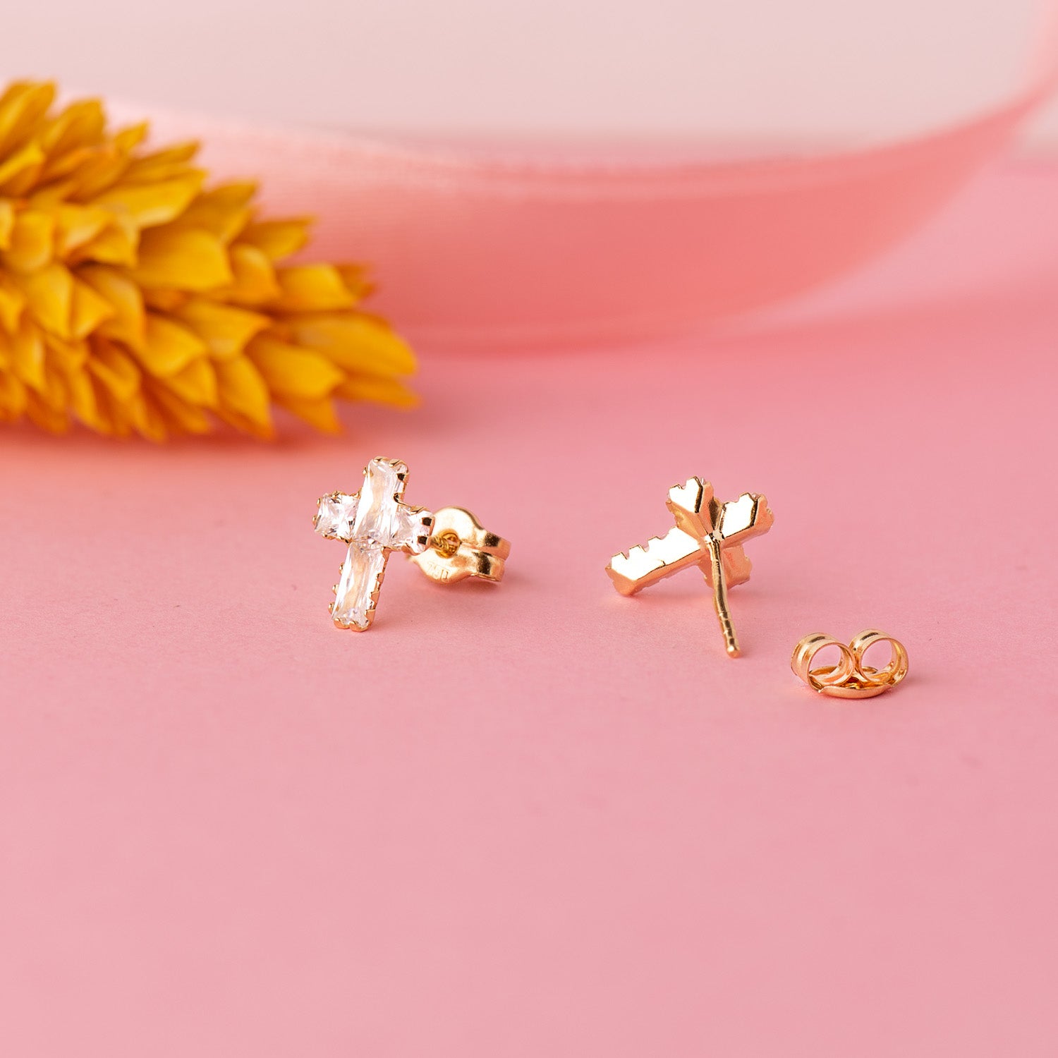 Boucles d'oreilles Or Jaune 18K Croix Baguette Zircon 8,5 X 6,5 mm Fermoir Poussettes Papillon
