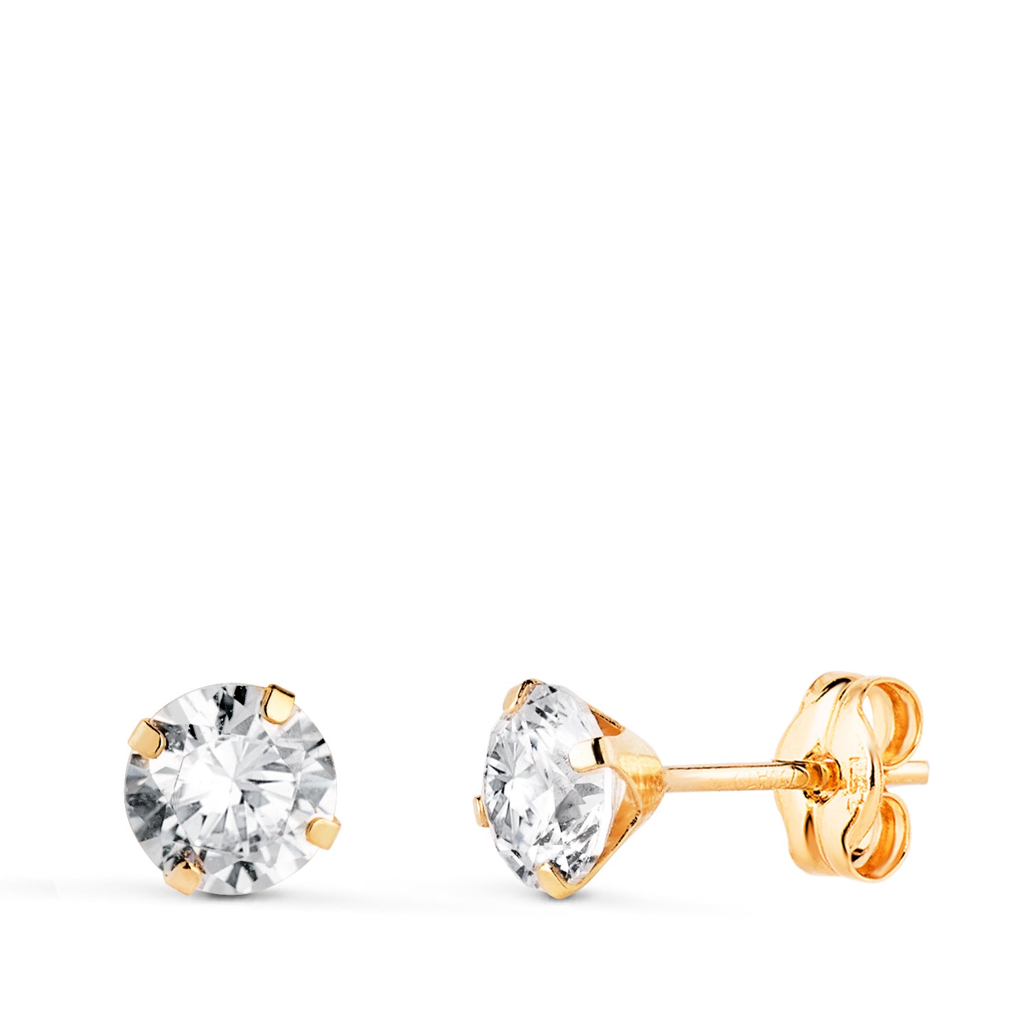 Boucles d'oreilles Or Jaune 18K 4 Griffes avec Zircon Largeur : 5 mm Fermoir Poussettes Papillon