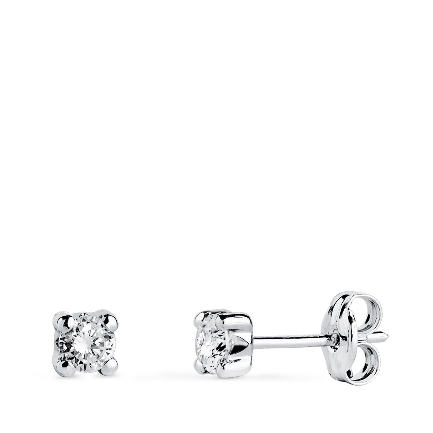 Boucles d'oreilles Or Blanc 18K Zircone 3MM avec 4 Griffes Largeur : 3,5 mm Fermeture à Pression