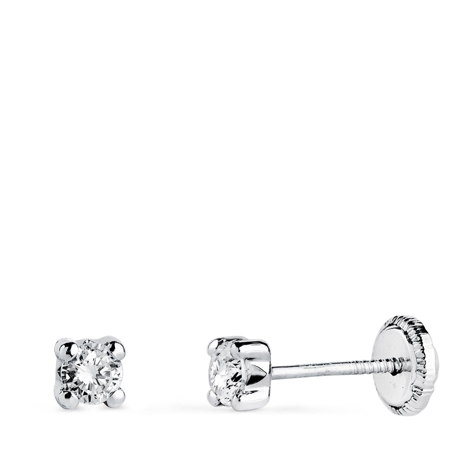 Boucles d'oreilles Or Blanc 18K Zircone 3MM avec 4 Griffes Largeur : 3,5 mm Fermoir a Vis