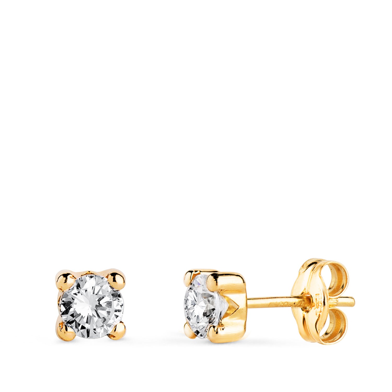 Boucles d'oreilles Zirconia 4MM Or Jaune 18K avec 4 Griffes Largeur: 4,5 mm Fermoir Poussettes Papillon
