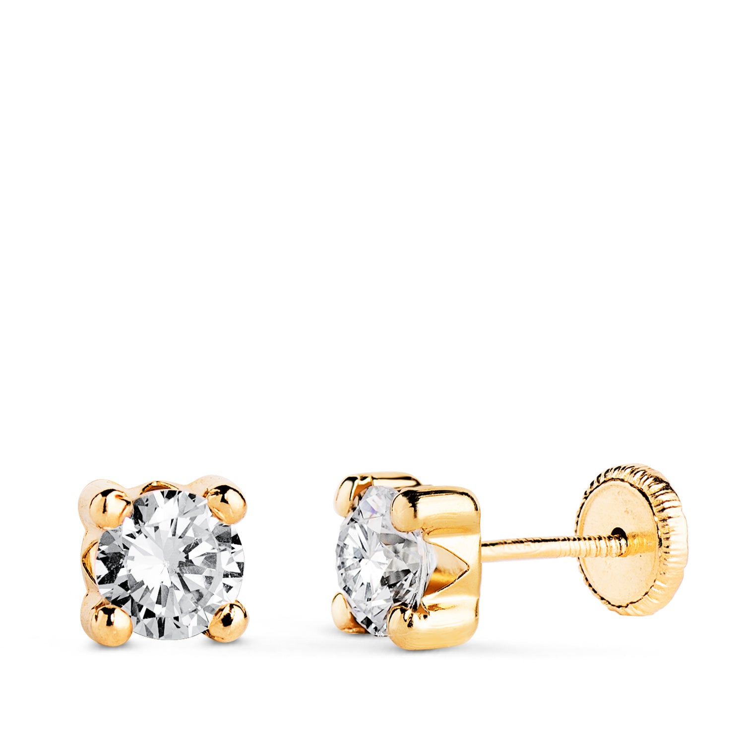 Boucles d'oreilles Or Jaune 18K Zircone 5MM avec 4 Griffes Largeur : 5,5 Mm. Fermoir a Vis