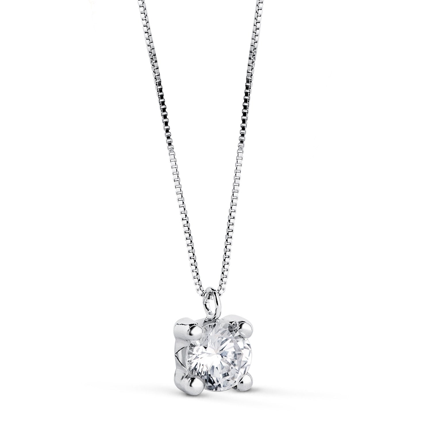 Collier Or Blanc 18K avec Pendentif 4 Griffes Zircone 5MM et Chaîne 42CM