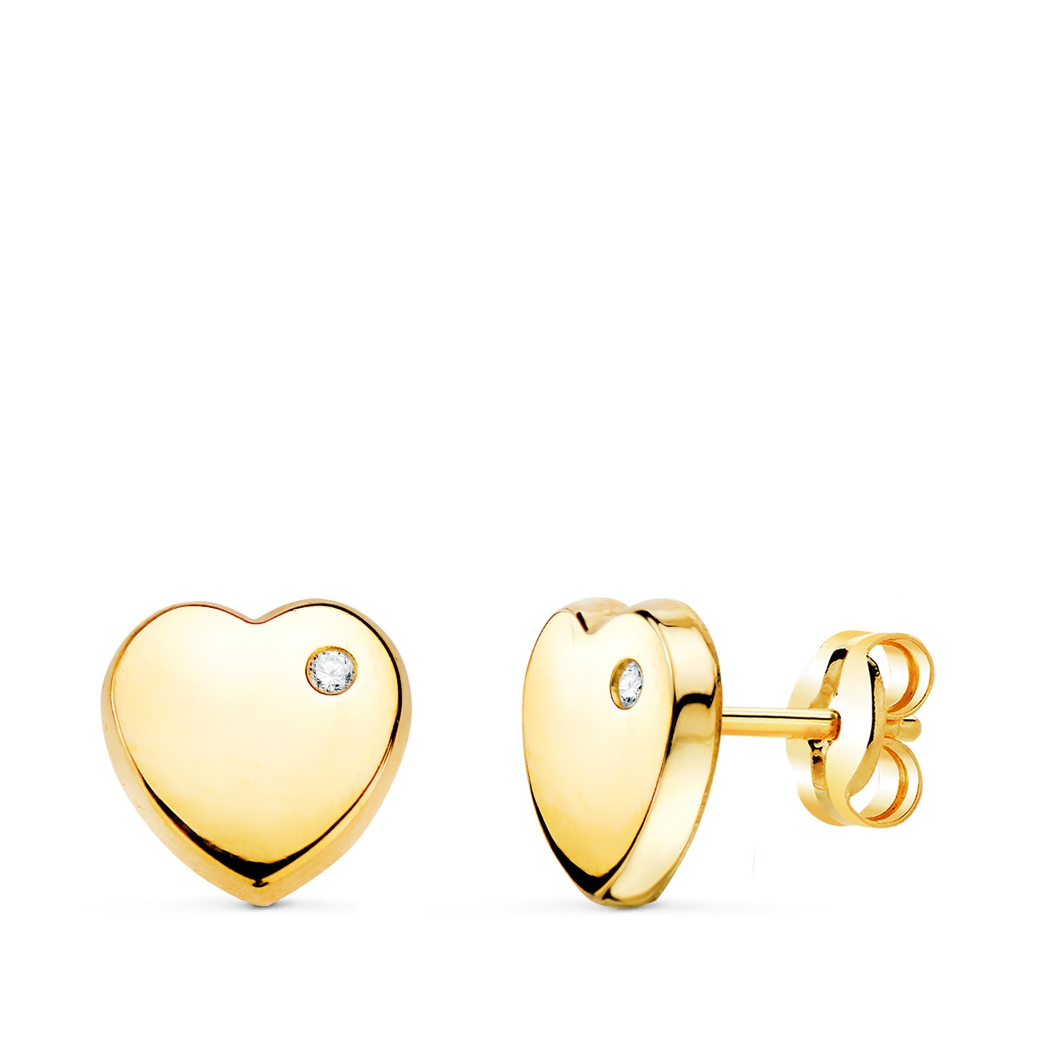 Boucles d'oreilles Or Jaune 18K avec Coeur Zircone Brillant 8X8 mm Fermoir Poussette Papillon