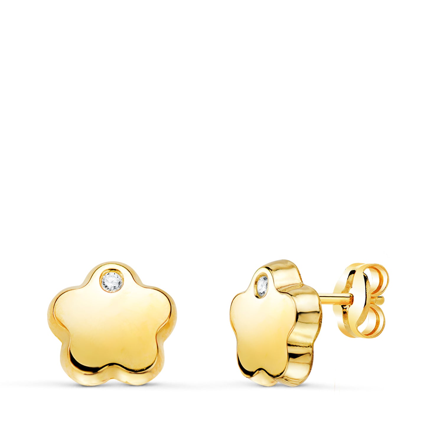 Boucles d'oreilles Fleur en Or Jaune 18K avec Zircone Brillantes 7X7 mm Fermoir Poussette Papillon